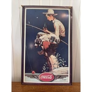 Vintage Coca Cola Co. Coke Metal Sign Norman Rockwell 15" x 9.5" 1989 Fishing